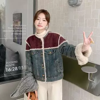 МОДА Дизайн Sense Контрастные цвета джинсовая меховая интегрированная короткая куртка женская зимняя новая флисовая теплая хлопковая одежда Одежда S