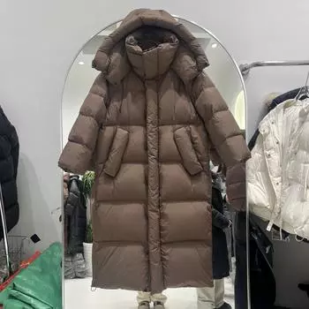 МОДА Длинная куртка с капюшоном выше колена, женская, зимняя, 2024, новая, свободная, большая, стеганая, белая, утепленная куртка на утином пуху, одежда S