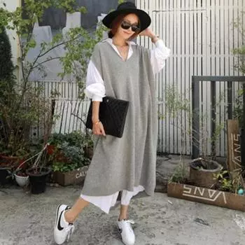 МОДА Длинный жилет куртка выше колена свободная студенческая одежда вязаный свитер BF ветер рукав летучая мышь свитер платье Tide одежда one size fits all серый