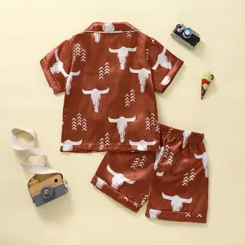 МОДА для детей и девочек, летняя одежда для сна, домашняя одежда, футболка с короткими рукавами и пуговицами с принтом головы быка и эластичные шорты, пижама 2-3 Years коричневый