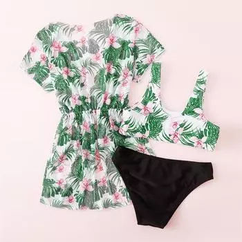 Мода для девочек-подростков, комплект из 3 предметов, купальник с цветочным принтом, майка, однотонные трусы, с короткими рукавами, закрывающий купальник на шнуровке, солнцезащитный купальный костюм 130