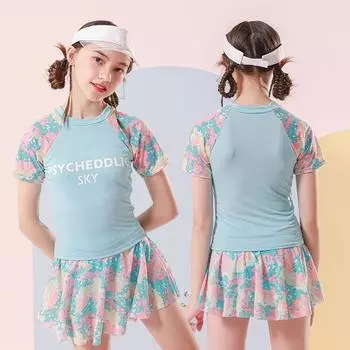 Мода для девочек-подростков, летний пляжный комплект из 2 предметов, комплект купальников бикини, топ и юбка с короткими рукавами с принтом, детский купальный костюм танкини из горячих источников 14