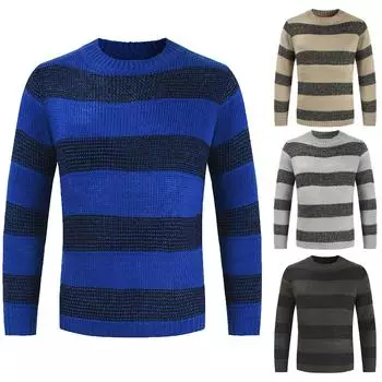 Мода для отдыха с длинным рукавом с круглым вырезом в полоску Цветной контрастный мужской свитер с круглым вырезом XXL чёрный