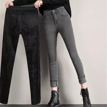 Мода для отдыха, утепленные джинсовые прямые брюки с высокой талией, джинсы, женские повседневные брюки-карандаш, зимние высокоэластичные тонкие универсальные брюки 25 чёрный