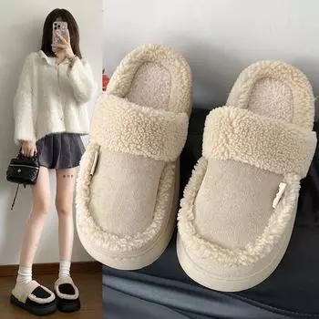 мода Домашние тапочки Толстая подошва Обувь Зимняя обувь Тапочки женские 2024 Ретро Зимние женские тапочки Толстая подошва Женская обувь 36-37 бежевый