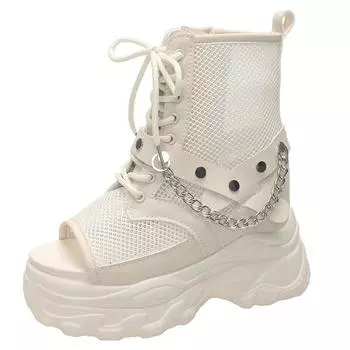 мода Досуг танкетки Женская обувь 2024 Летняя обувь Женские сандалии с цепочкой Платформа Шнурки Высокие каблуки Повседневная обувь Женские сандалии Ботинки 34 белый