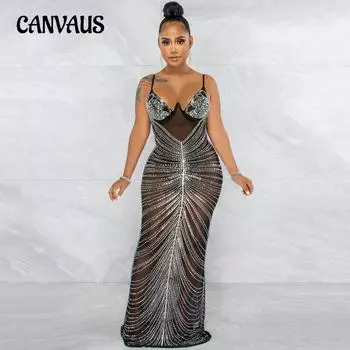 Мода дрель сексуальная сетка с лямкой на шее прозрачные длинные женские платья S чёрный