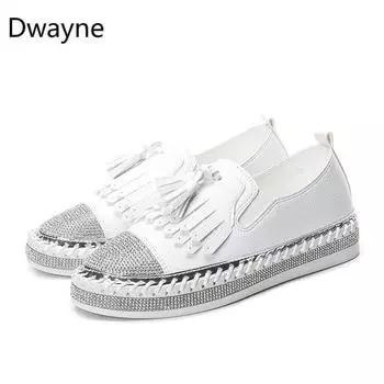 Мода Дуэйн 2024 Новые однобортные туфли женские балетки корейская мода бриллианты стразы кисточки белые туфли дикие туфли на платформе лоферы с бахромой 34 чёрный