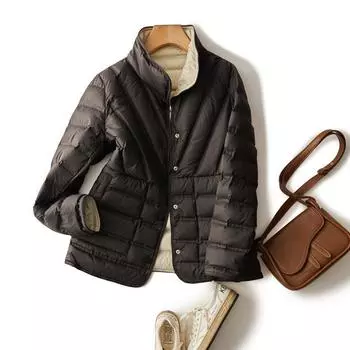 МОДА Двусторонняя носимая спрессованная клеевая геометрическая полоса твила воротник-стойка однобортная двусторонняя одежда белый утиный пух короткая пуховая Одежда S хаки