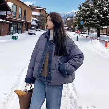 МОДА джинсовая куртка-пуховик женская короткая зимняя 2024 новая корейская утолщенная маленькая теплая куртка Одежда XS