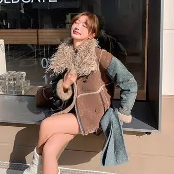 МОДА Джинсовая сращивание Mao Mao Parker стеганая куртка женская зимняя флисовая утолщенная меховая интегрированная короткая локомотивная куртка стеганая куртка одежда S