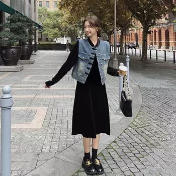 МОДА джинсовый жилет куртка золотистый бархат платье комплект из двух предметов 2024 весна новый ретро китайский комплект с пряжкой женская одежда S