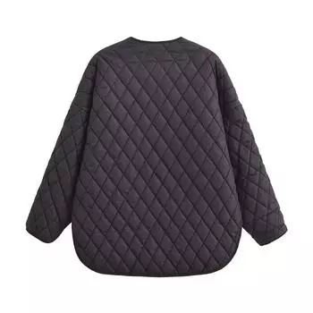 МОДА Европа и Америка 2024 новая женская одежда ретро свободная повседневная грудь ромб стеганая спереди короткая сзади длинная хлопковая куртка Одежда S