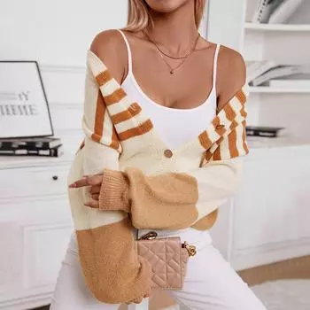 Мода европейская, американская осенне-зимняя женская одежда контрастные цвета полосатый кардиган на пуговицах повседневный свободный свитер женское пальто S