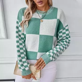 Мода европейская и американская контрастные цвета клетчатый свитер женский вязаный свитер осень и зима мода универсальный женский топ S зелёный