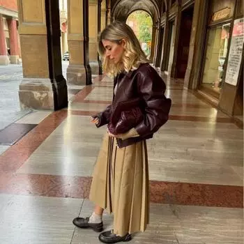 МОДА Европейская и американская новая женская одежда мода повседневная ретро американская студенческая однотонная кожаная куртка Одежда S бордовый