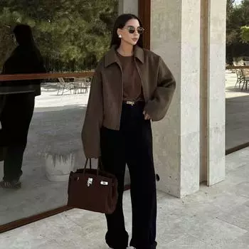 МОДА Европейская и американская новая женская одежда темперамент простой лацкан короткий однотонный шерстяной жакет Одежда S темно-коричневого