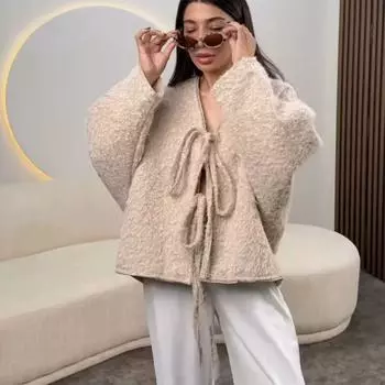 МОДА Европейская и американская зимняя новая женская одежда кашемировая куртка на шнуровке темперамент ленивый ветер свободный теплый кардиган Одежда S серый