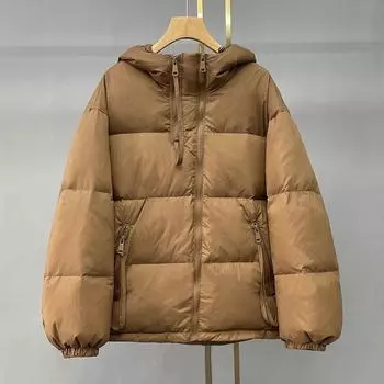 МОДА Европейская и пуховая куртка женская зимняя короткая с капюшоном утолщенная маленькая модная белая куртка на утином пуху Одежда S чёрный