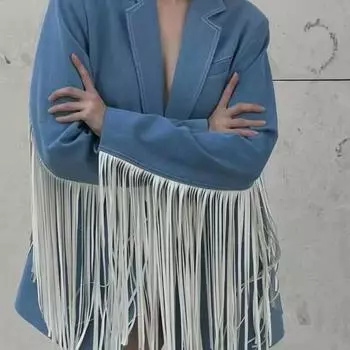 МОДА Европейский и американский новый американский ретро синий дизайн чувство бахрома свободный пиджак костюм верхняя одежда S синий