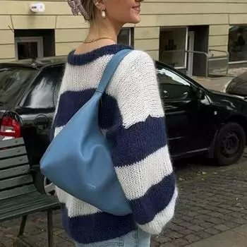 МОДА Европейский и американский свободный свитер из шерсти в синюю полоску с круглым вырезом французский ленивый стиль 2024 новый универсальный вязаный топ Одежда S