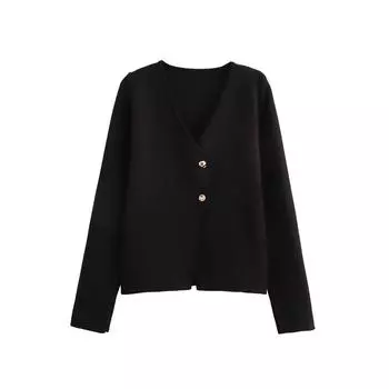 МОДА Европейский и американский тренчкот новый дизайн асимметричный V-образный вырез облегающий кардиган с длинными рукавами трикотажный жакет Одежда S чёрный