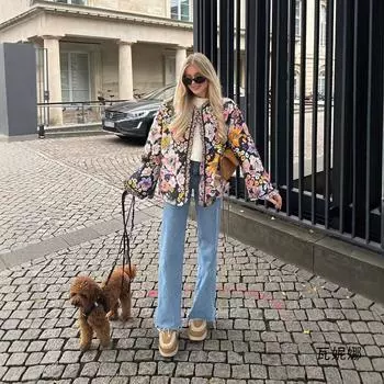 МОДА Европейский и американский тренчкот женский новый ретро-принт стеганый хлопок сращивание листьев лотоса кружево хлопковая куртка Одежда XS