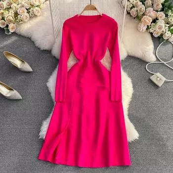 МОДА Европейское и американское нишевое платье с длинными рукавами для пригородных поездок, трикотажное, с высокой талией, с разрезом А-типа, с плиссировкой, простое для женщин One Size розы красного