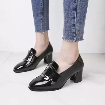 Мода f54Новые лакированные туфли женские 2024 Весна Толстые с квадратной головкой Глубокий рот с женскими кожаными туфлями в туфлях erf4 9 чёрный