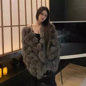 МОДА Fat Sister Зимняя новая куртка из искусственного меха с V-образным вырезом, однотонная утолщенная короткая куртка с ленивым ветром, пушистая верхняя одежда для женщин M recommends 80-50kg