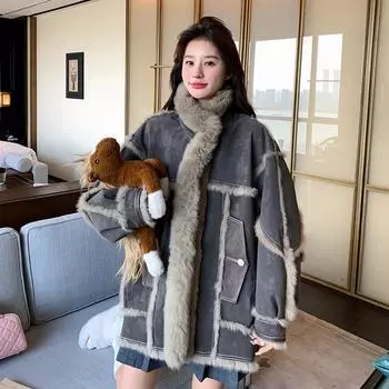 МОДА Фиолетовая куртка из овечьей шерсти с мехом, женская зимняя 2024, новая средняя и длинная, утолщенная, теплая, хлопковая одежда Одежда S серый