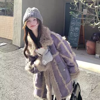 МОДА Фиолетовая меховая куртка из хлопка с интегрированным мехом для женщин, зима 2024, новая высококачественная одежда из хлопка с уникальным дизайном S фиолетовый