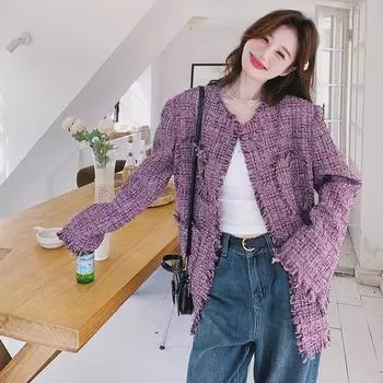 МОДА Фиолетовый Маленький Ароматный Пиджак 2024 Весна Новый Французский Знаменитость Кисточка Маленький Костюм Верх Женская Одежда S фиолетовый