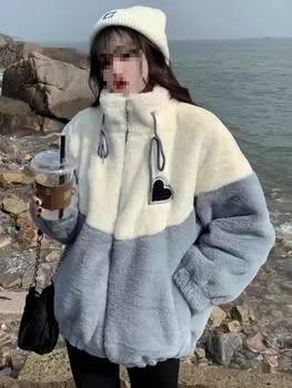 МОДА флисовый утолщенный свитер из овечьей шерсти для девочек 2024 зимняя одежда ученица средней школы хлопковая куртка с подкладкой Одежда S розовый