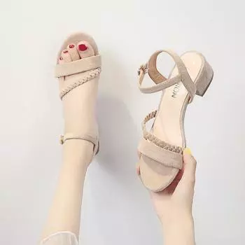 мода Flock бежевый Высокий каблук сандалии женские 2024 Летняя обувь женская Мода Открытый носок сандалии с пряжкой Повседневный квадратный каблук женские туфли 34 бежевый