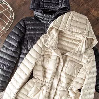 МОДА Французская элегантная облегающая легкая теплая женская зимняя одежда с четырьмя карманами и капюшоном 2024 года с капюшоном L чёрный