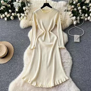 МОДА Французское милое элегантное платье с круглым вырезом и длинными рукавами, трикотажное платье с оборками, женское базовое модное летнее весеннее платье One Size красный