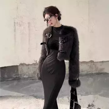 МОДА Furry New Spice Girl Fashion Экологичная меховая куртка с поясом Дизайн утолщенная короткая иностранная меховая куртка Модная одежда S темно-серого