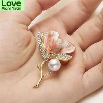 Мода Гибискус Цветок Девушка Брошь Одежда Аксессуары Жемчуг Стразы Сплав Растение Броши Подарок розовый