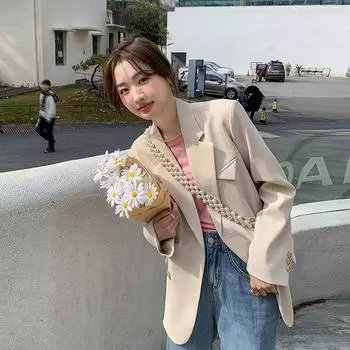 МОДА Гонконгский стиль нишевый дизайн чувственный блейзер весенняя одежда женская 2024 новый топ темперамент тонкий отдых маленький костюм Одежда S абрикосовый