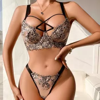 мода Горячая Распродажа Эротический Комплект Прозрачный Леопардовый Принт Вышивка Стальное Кольцо Сборка Сексуальный Крест Бретельки Комплект Нижнего Белья Onlyfan S