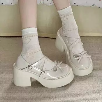 Мода Горячая Распродажа Женская Обувь Мэри Джейн Женские Туфли На Высоком Каблуке Милые Туфли-лодочки Женские Туфли С Завязками-Бабочками Полые Пряжки Ремешок Квадратный Каблук Женские 35 покинуть белый
