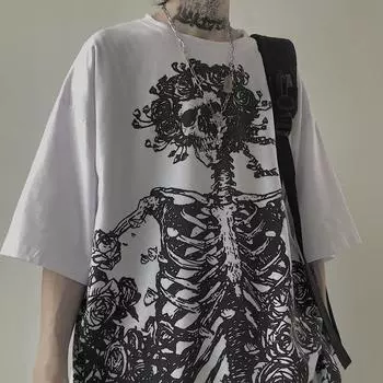 МОДА Готическая футболка с черепом в стиле Харадзюку 2021 года, корейская мода, свободные футболки с коротким рукавом, топы в стиле торгового центра, готические топы, гранж, альтернативная одежда Kpop L темно-серого