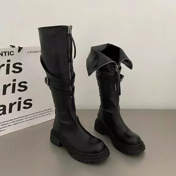 мода готические высокие сапоги женские зимние длинные сапоги новые модные женские мотоциклетные сапоги с застежкой-молнией спереди на квадратном каблуке 35 чёрный