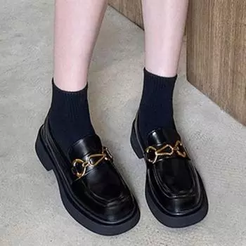 мода GUIDIBASIC натуральная коровья кожа квадратный носок цепочка украшение 2024 весна средний каблук лакированная кожа платформа туфли лоферы для женщин 35 коричневый