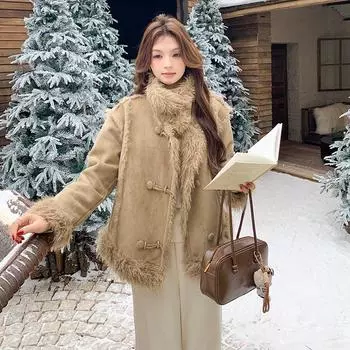 МОДА Хаки мохнатый мех интегрированная овечья шерсть куртка женская зимняя бархатная утолщенная локомотивная одежда антивозрастная хлопковая одежда Одежда S хаки
