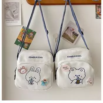 Мода Harajuku INS Cartoon Симпатичная Маленькая Холщовая Сумка Корейский Выпуск Свежие Сумки Через Плечо Для Женщин Девочек Повседневная Сумка Для Телефона Кошелек