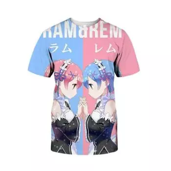Мода Harajuku Kid Kawaii Топ Новый Аниме Re: Футболка Zero Cute Twin Ram Rem для косплея 3D с коротким рукавом для мужчин и женщин S белый