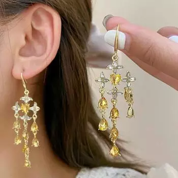 Мода High Sense Дизайн Капли Воды Циркон Цветок Кисточкой Серьги Женские Ювелирные Изделия