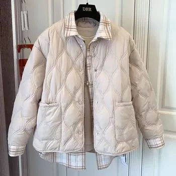 МОДА хлопчатобумажная одежда зимний стиль свободный студенческий сращивание ретро клетчатая рубашка поддельный двухсекционный хлопковый жакет женская одежда S code (recommended below 47.5 kg) хаки